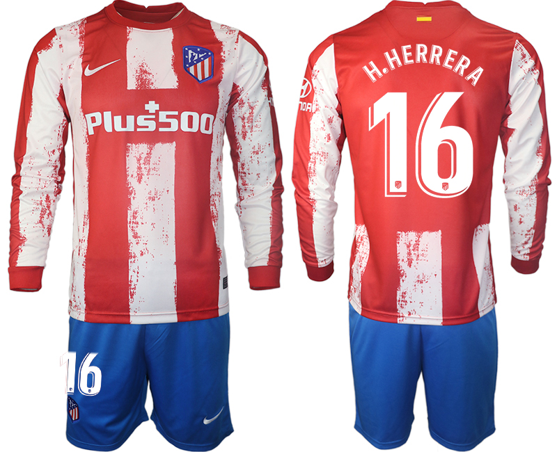 Men 2021-2022 Club Atletico Madrid home red Long Sleeve #16 Soccer Jersey